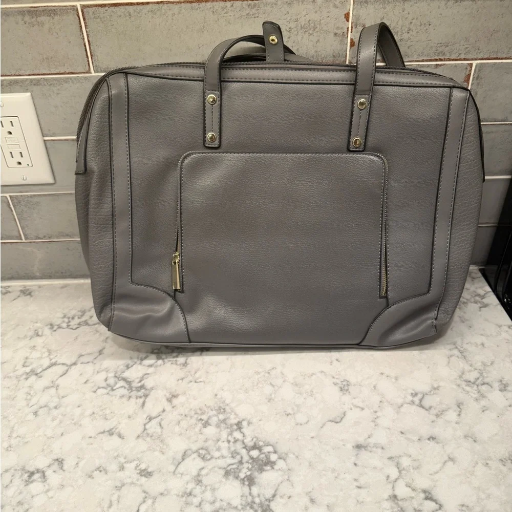 Gray Leather Work Tote Bag